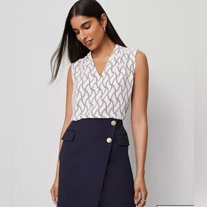 Ann Taylor White and Navy Patterned Blouse